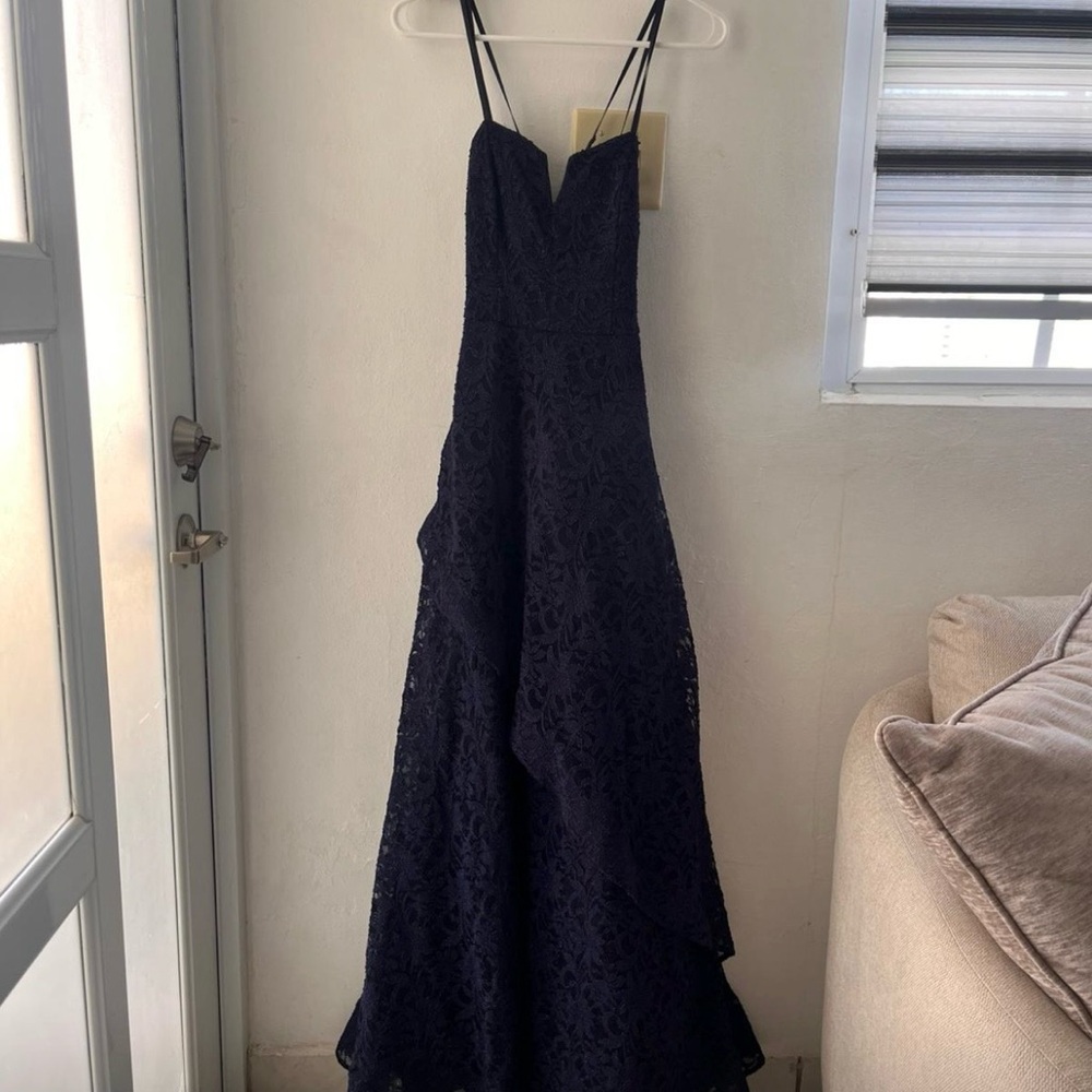 BCX Navy Lace Maxi Dress with Double Spaghetti Straps